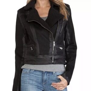 Paige Waxed Black Denim Biker Motorcycle Moto Zippers Shearling Jacket